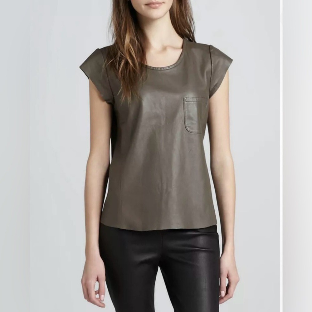 Joie Rancher E Sheepskin Leather Pocket Tee Top Mink Taupe Sz S